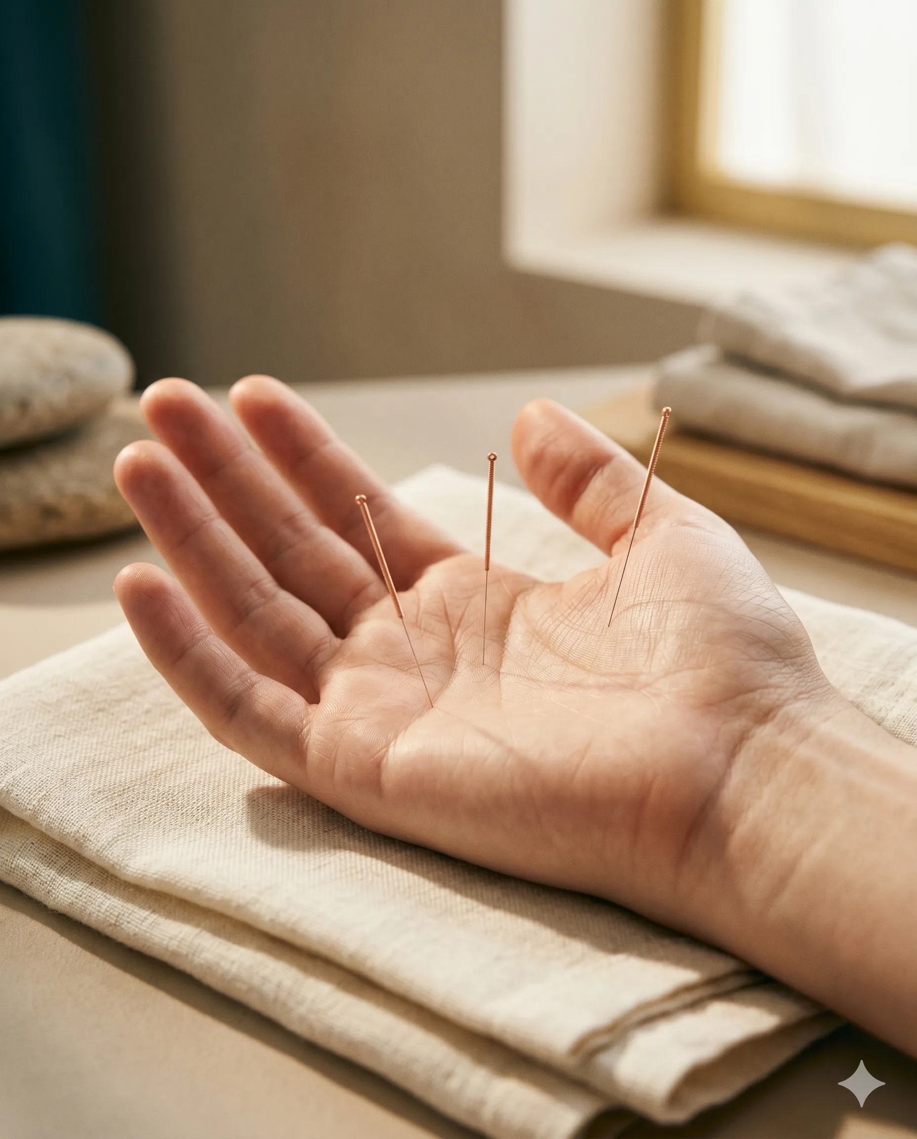 Mano abierta con agujas finas de acupuntura coreana en puntos reflejos de la palma