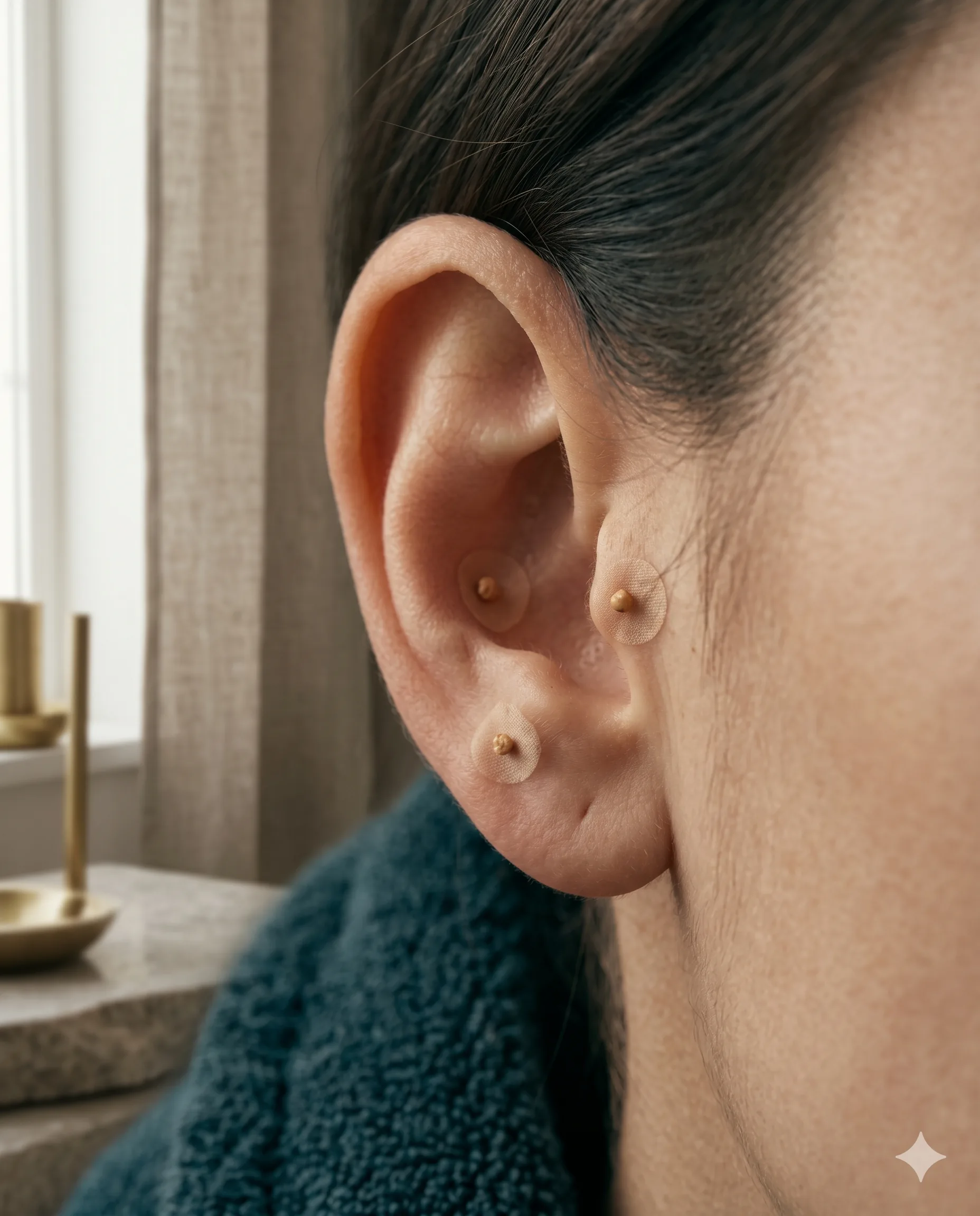 Detalle de oreja con semillas de auriculoterapia en puntos reflejos
