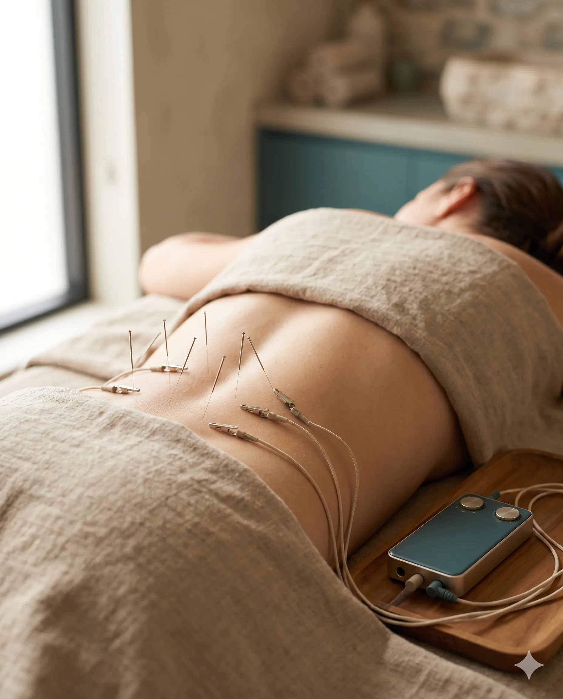 Paciente con agujas de electroacupuntura conectadas a un dispositivo de estimulación suave