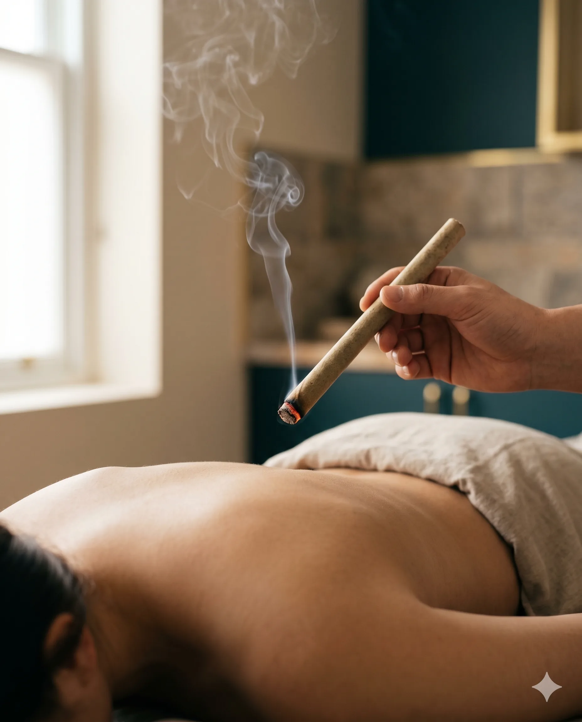 Moxa de artemisa encendida emitiendo humo aromático sobre la espalda de un paciente