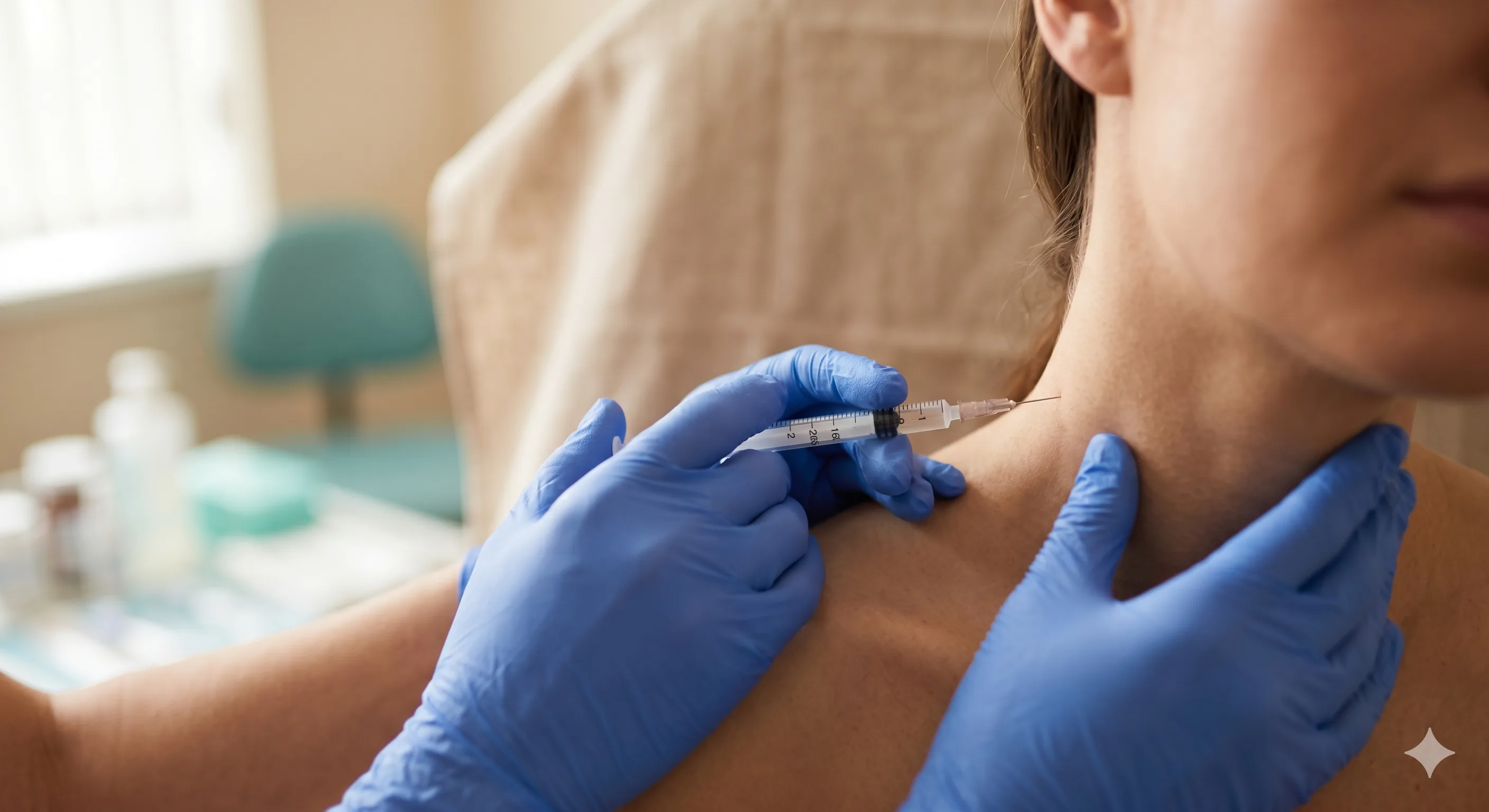 Manos de clínico aplicando una microinyección de terapia neural en zona cervical